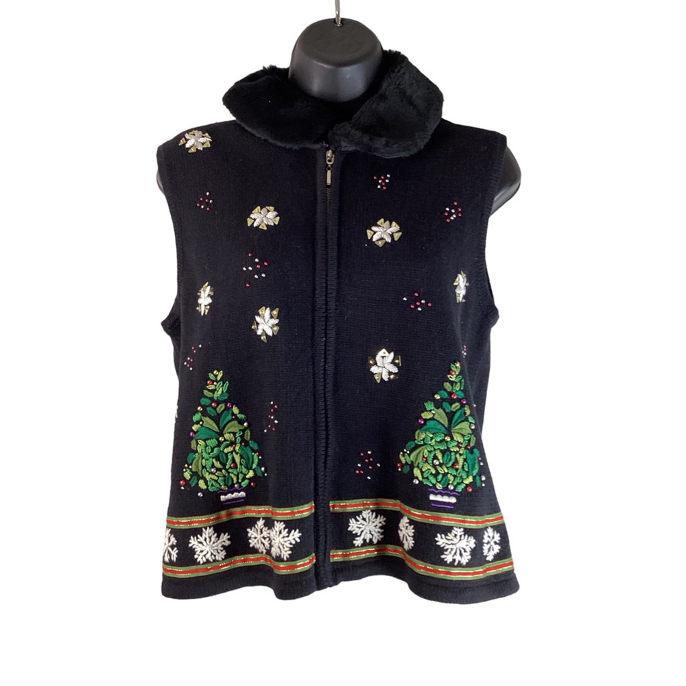 Vtg Mercer Street Studio Womens Sweater Vest Black ugly Christmas Petites PXL